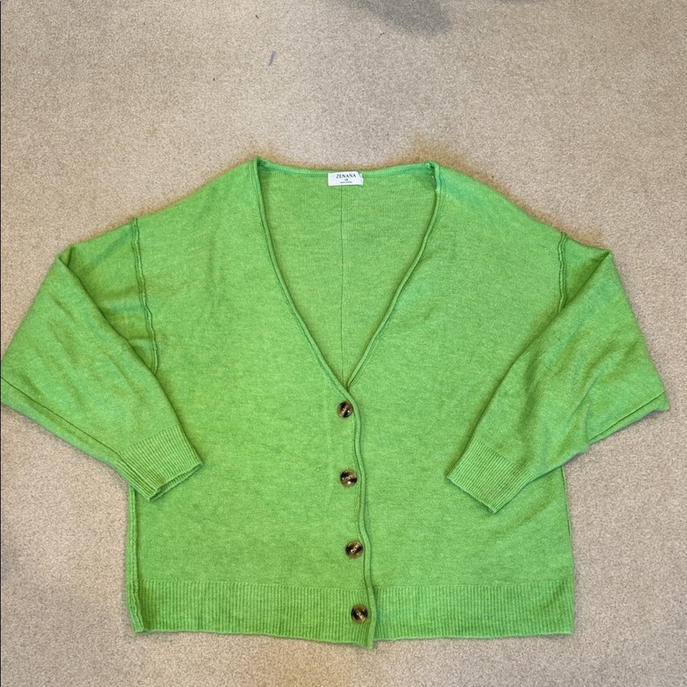 Zenana Outfitters Bright Green Button-Front V‑Neck Cardigan
